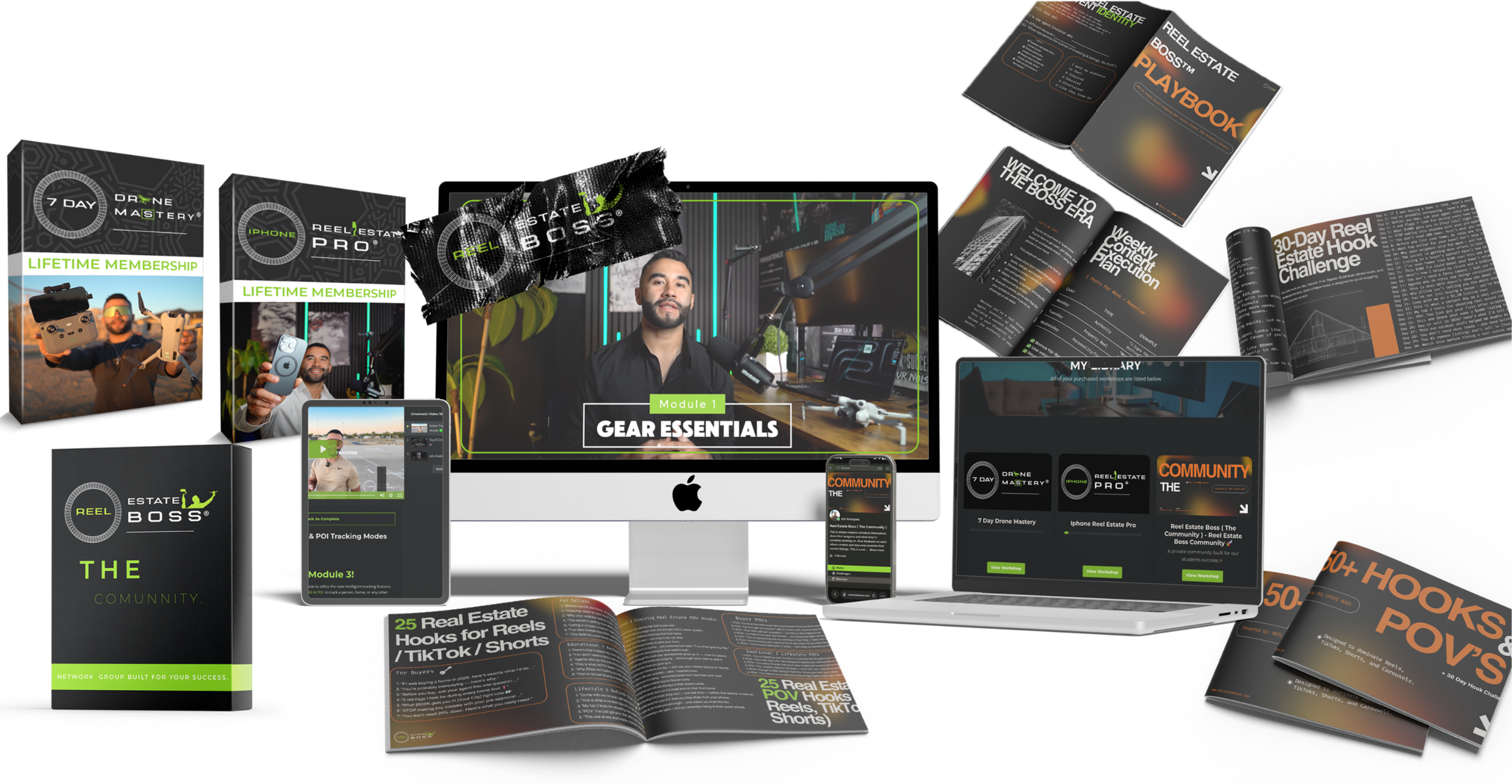 Everything included in the REB bundle — boxes, laptop, tablet, PDFs