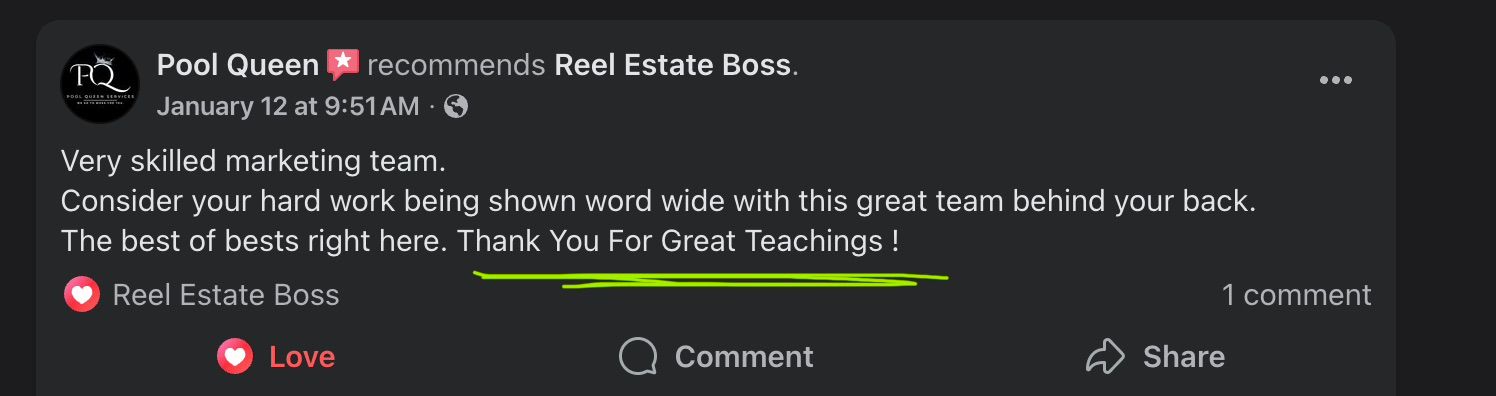 Pool Queen — Facebook review of Reel Estate Boss