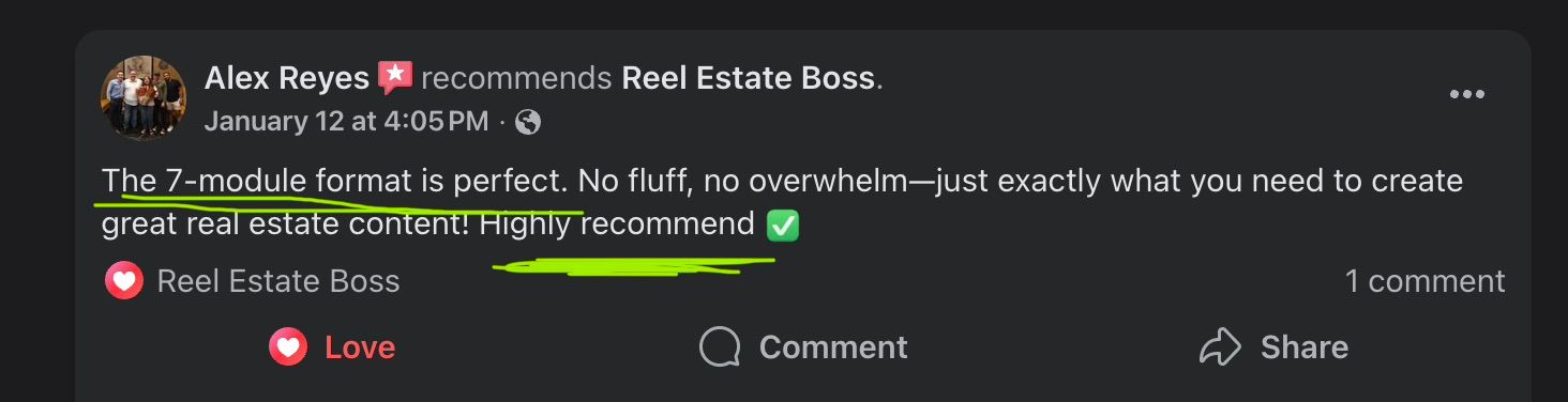 Alex Reyes — Facebook review of Reel Estate Boss